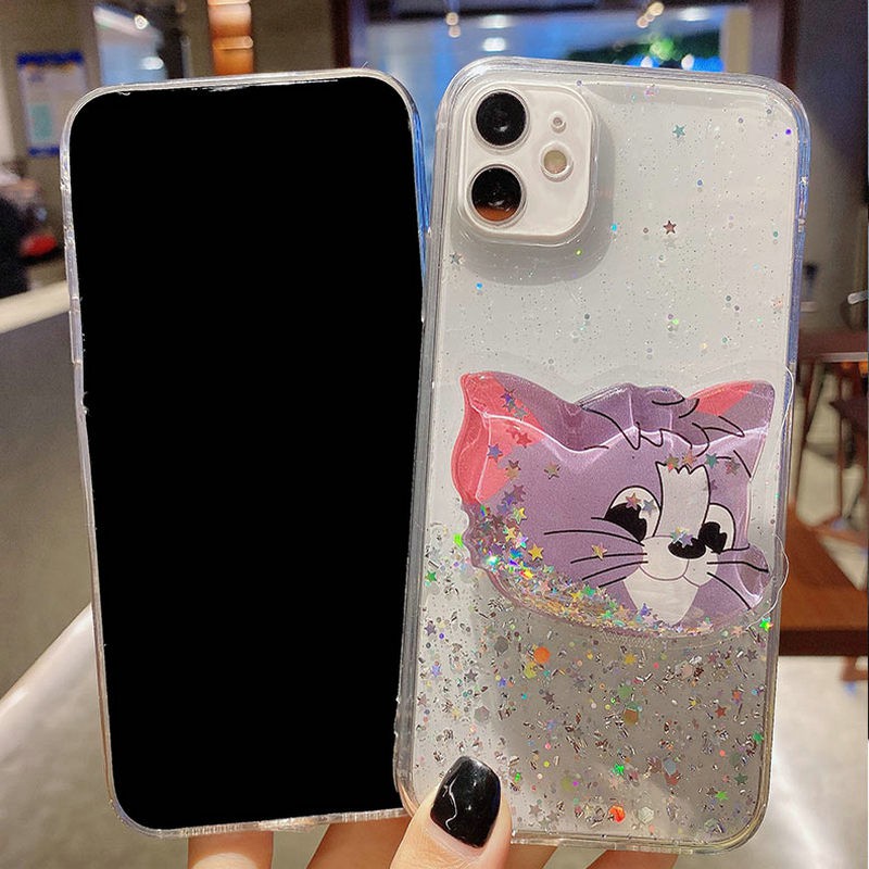 Ốp lưng iPhone 12 mini 11 Pro X XS XR Max 6 6S 7 8 Plus SE 2020 3D Sequin Glitter Cat And Mouse Flowing Silver Foil Holder Soft Case