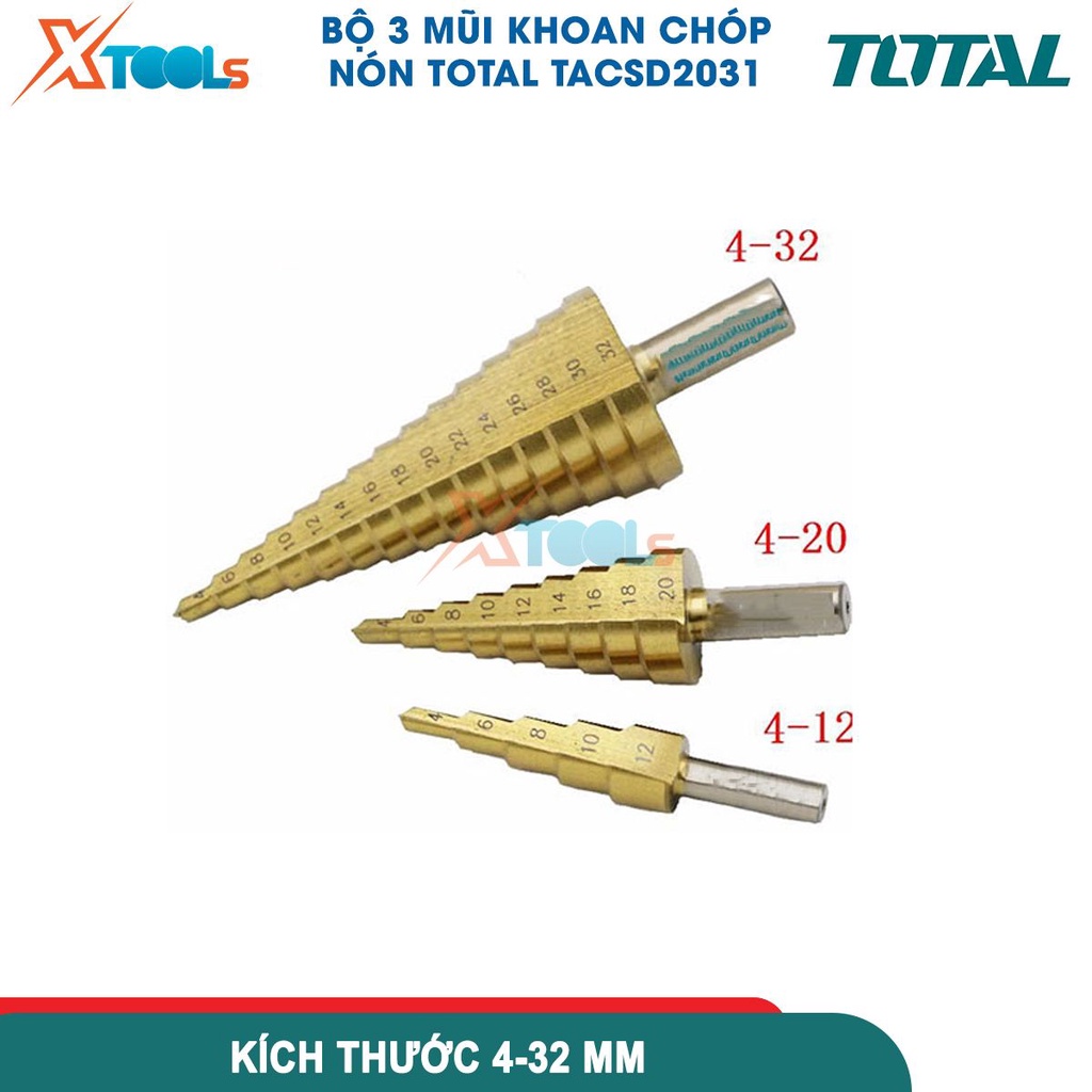 Bộ mũi khoan chóp nón HSS 3 chi tiết TOTAL TACSD2031 4-32mm mũi khoan tháp chất liệu HS, áp dụng cho tấm thép dày ≤3mm
