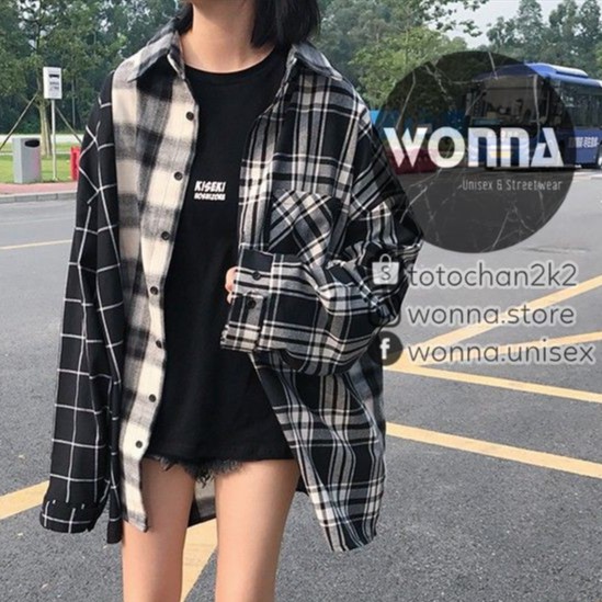 (SẴN + Kèm video và ảnh thật) Áo khoác POLO sơ mi - Jacket ulzzang oversize unisex Hàn - Áo kẻ caro trắng đen sọc Hàn nữ