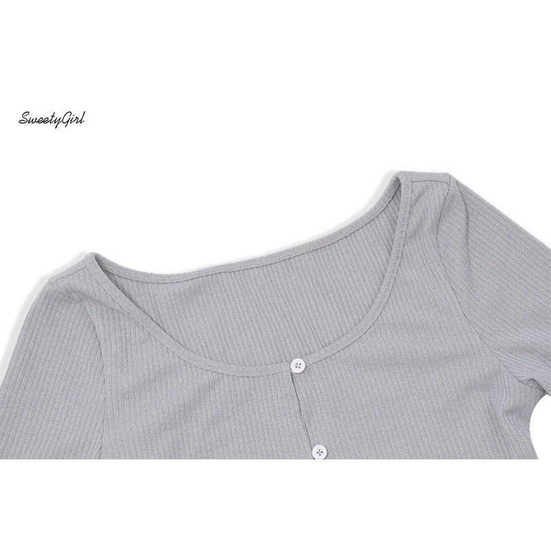 Áo Thun Crop Top Tay Dài Cổ Tròn Màu Xám Trơn Cài Nút Thời Trang 2022 Quyến Rũ Cho Nữ