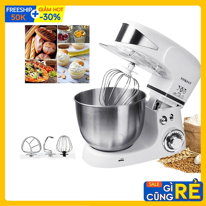 Máy nhồi bột đánh trứng trộn bột làm bánh nhà bếp SOKANY SK-206 với 6 cấp độ xoay, tô trộn Inox 5L