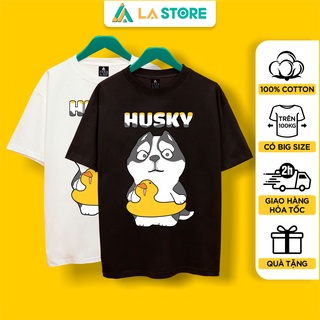 Áo Thun Unisex Cotton Chó Husky Đi Bơi Form Rộng Tay Lỡ Nam Nữ Có Big Size | LẠ STORE