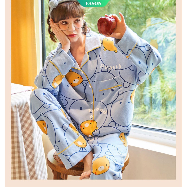 Bộ Đồ Ngủ Hai Món Tay Dài In Họa Tiết Mèo Hoạt Hình Dễ Thương Size M-XXL