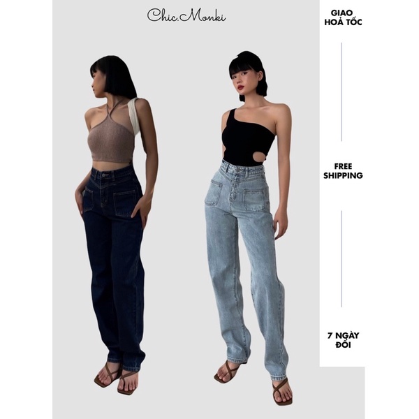 Quần jeans nữ ống rộng CHICMONKI lưng cao túi ốp phom cực đẹp màu xanh đậm CMJ1159 | BigBuy360 - bigbuy360.vn