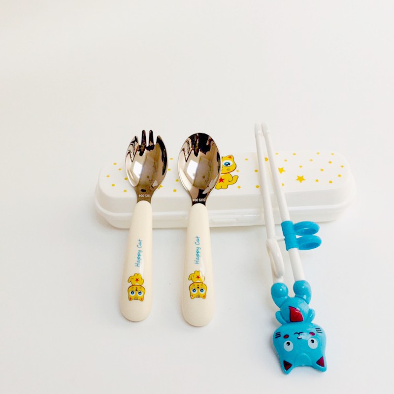 Bộ Thìa-Dĩa-Đũa Cho Bé Tập Ăn-Tập Xúc-Ăn Dặm-Cán Ngắn Có nút Chặn An Toàn-kèm Hộp Đựng Vệ Sinh