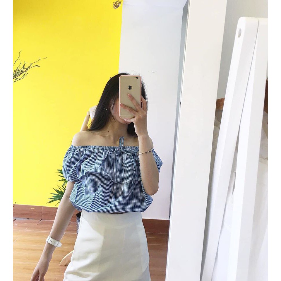 Áo Bẹt Vai Croptop Caro Xanh (Hình thật/ hàng sẵn)