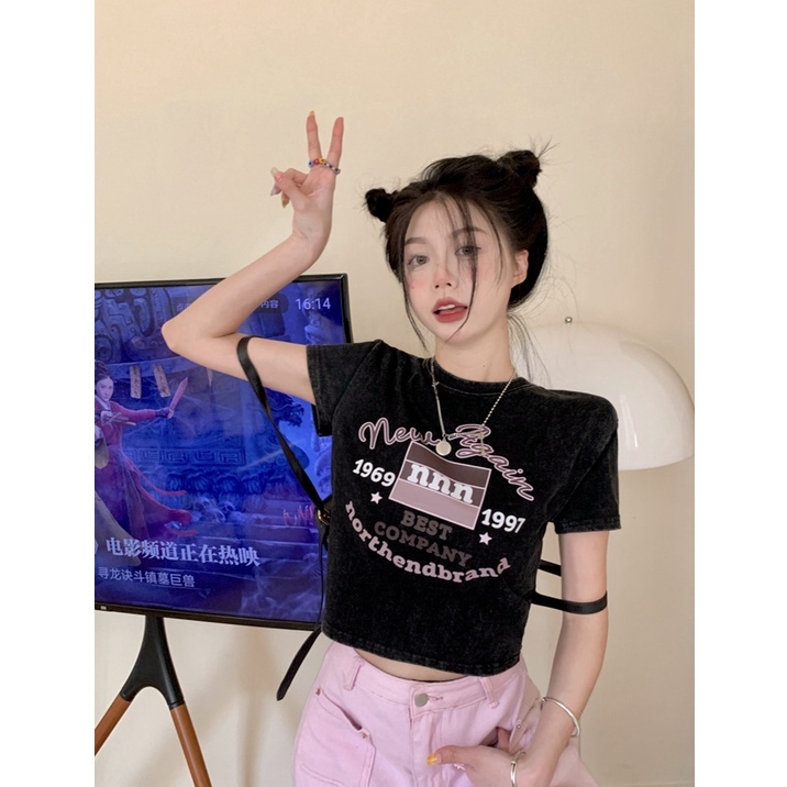 Áo Thun Dáng Ôm In Họa Tiết Kiểu retro Mỹ Xinh Xắn Cho Nữ