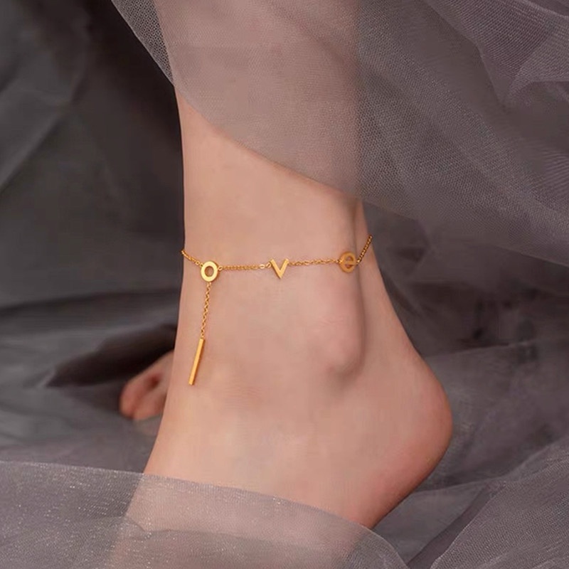 Lắc chân Nữ 100% TITAN - KHÔNG GỈ - KHÔNG PHAI MÀU &quot;LOVE&quot; Vàng 18k Phụ kiện trang sức Hàn Quốc