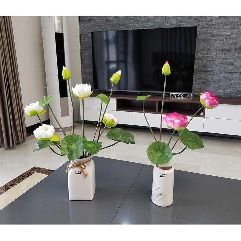 Hoa lụa, cành hoa sen cao cấp 2 bông 1 nụ kèm lá tuyệt đẹp trang trí phòng khách