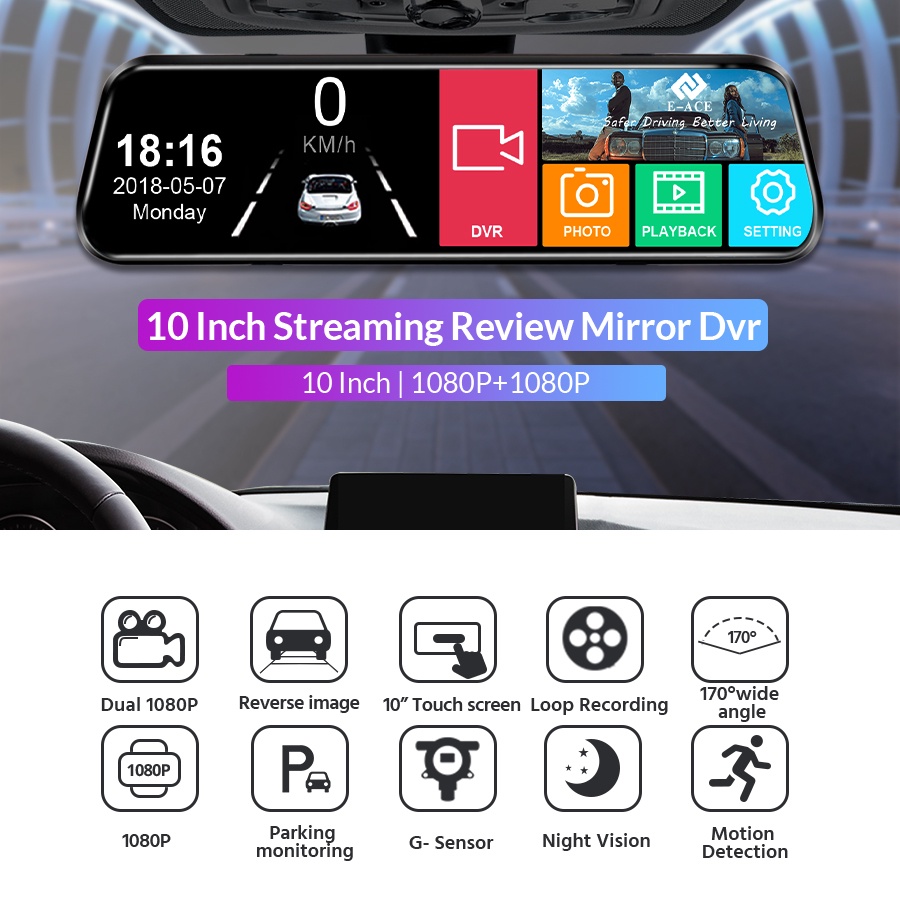Camera hành trình DVR E-ACE màn hình cảm ứng IPS 10.0 Inch HD 1080P hỗ trợ quay ban đêm dành cho xe hơi | WebRaoVat - webraovat.net.vn