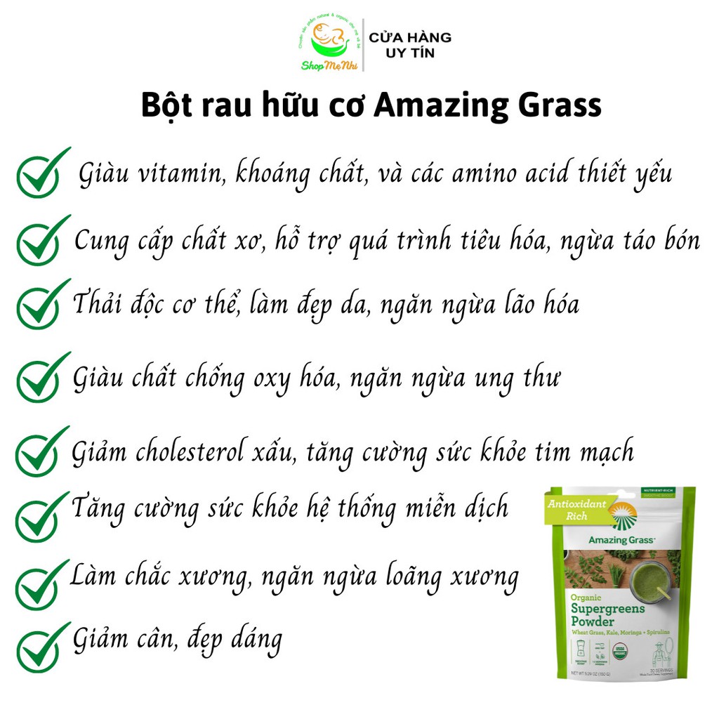 Bột rau hữu cơ cỏ lúa mì,  cải xoăn, chùm ngây và tảo spirulina Amazing Grass Organic SuperGreens Powder 150g.