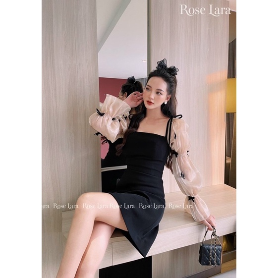 Đầm Nhung Phối Tơ Tay Đính Nơ Sang Chảnh