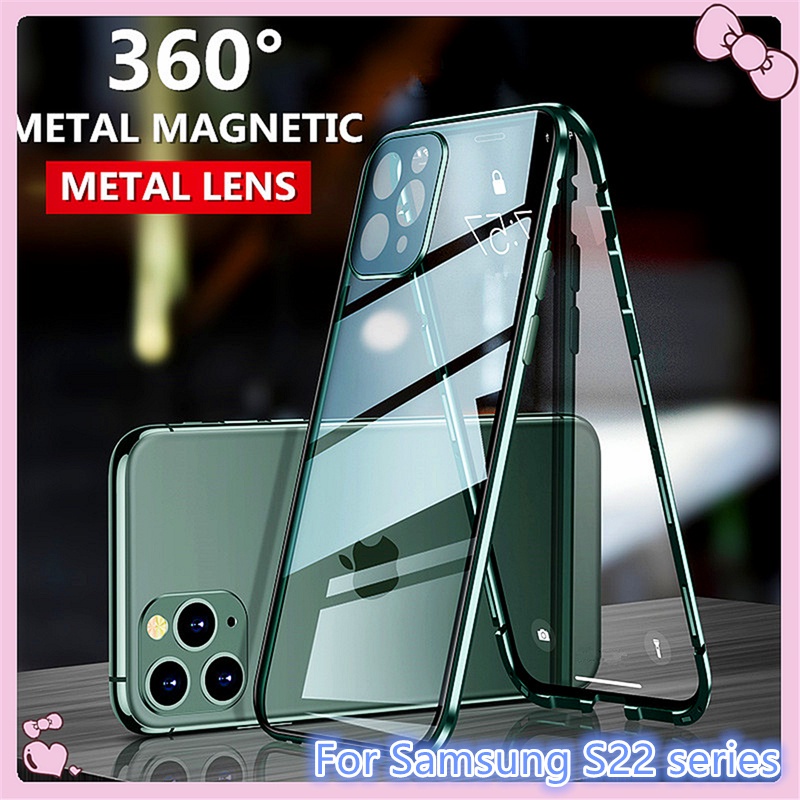 Ốp Điện Thoại Kính Cường Lực Hai Mặt Viền Kim Loại Nam Châm 360 Độ Cho Samsung Galaxy S22 Plus Ultra S22plus S22ultra° Ốp Lưng Cứng Bảo Vệ Toàn Diện