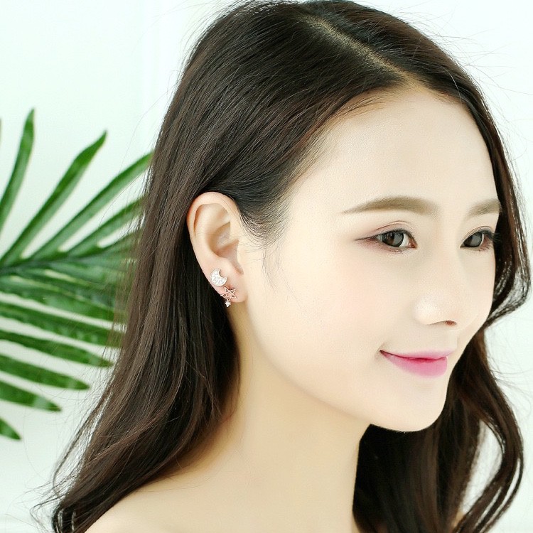 Khuyên tai bạc 925 trăng và sao đính đá nhỏ nhắn dễ thường trẻ trung đáng yêu K5568-2