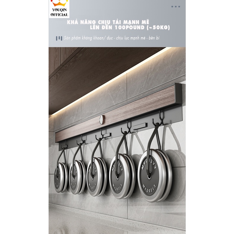 Giá Móc Treo Đồ Nhà Bếp - YouQin Chất Liệu Gỗ Walnut , Dán Keo Siêu Chắc, Không Khoan Đục