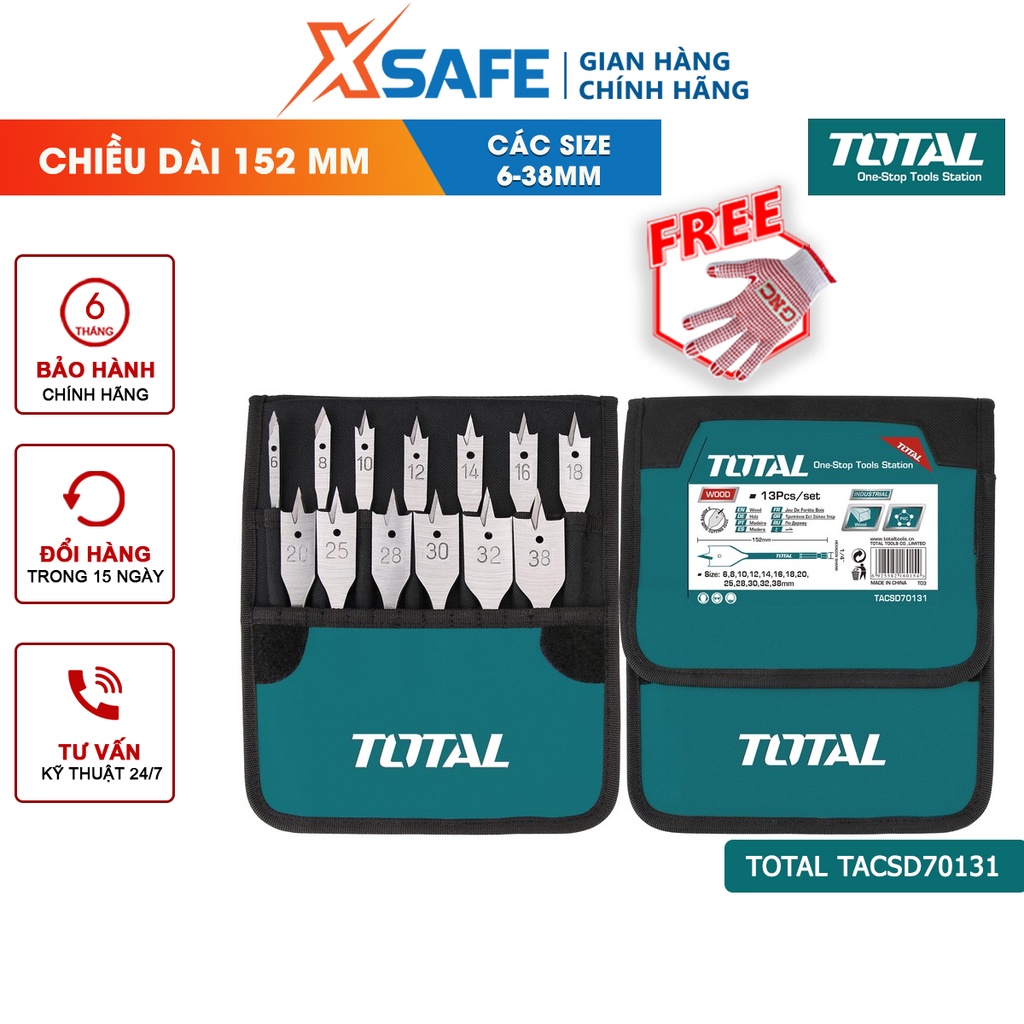 Bộ mũi khoan gỗ đầu dẹp 13 chi tiết TOTAL TACSD70131 bộ 13 mũi khoét gỗ đuôi cá Đuôi lục giác 1/4&quot;, Chiều dài 152mm