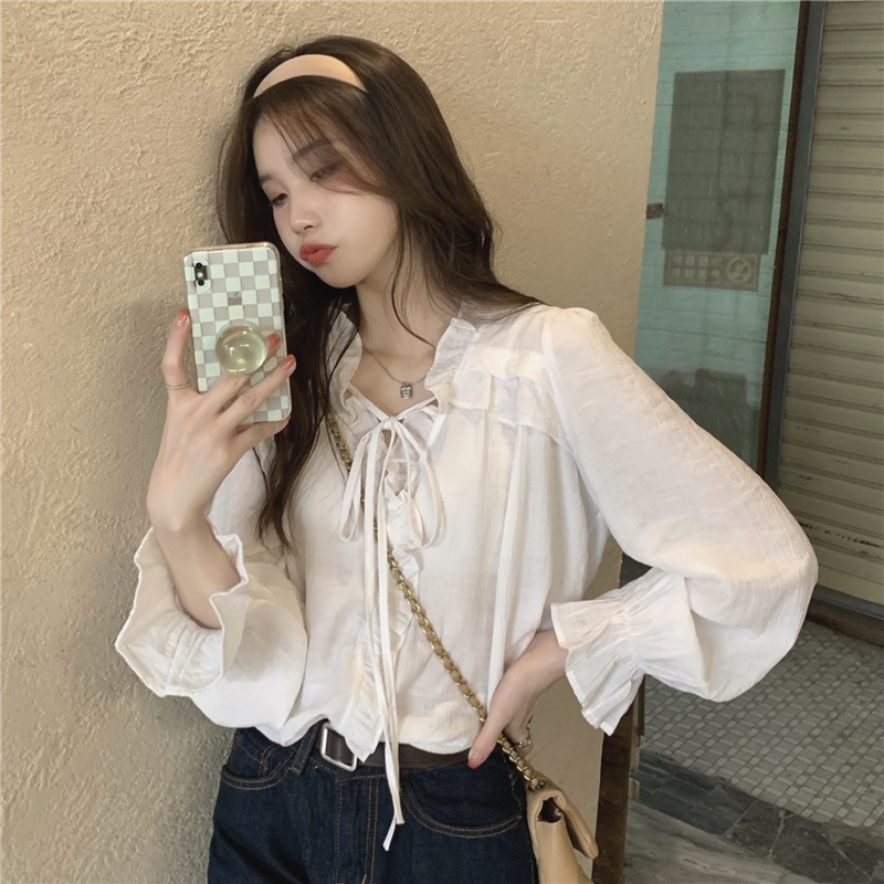 Áo Sơ Mi Tay Dài Loe Cổ Chữ V Màu Đen 54861