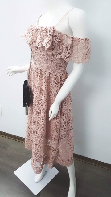 Váy ren midi hồng trễ vai HM Auth Sale sz 36