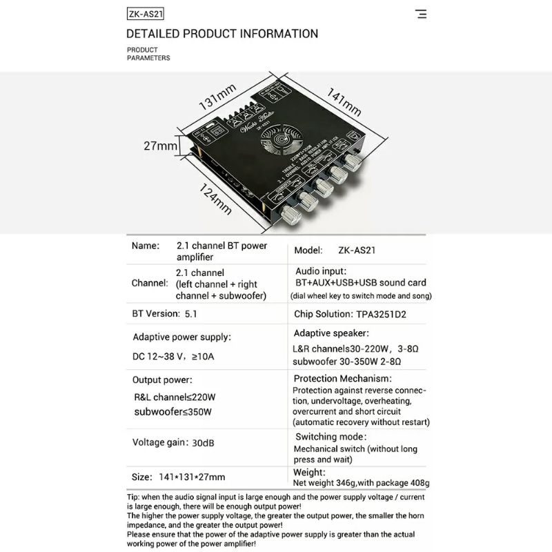Mạch khuếch đại âm thanh 2.1 Wuzhi ZK-HT21, ZK-AS21 chất lượng cao, công suất lớn, bluetooth 5.1 hỗ trợ app Wuzhi Audio