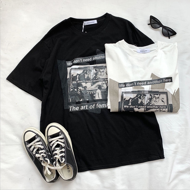 NUZIRO  Áo Thun Tay Ngắn Cổ Tròn Màu Trắng Đen Thời Trang Cho Nữ