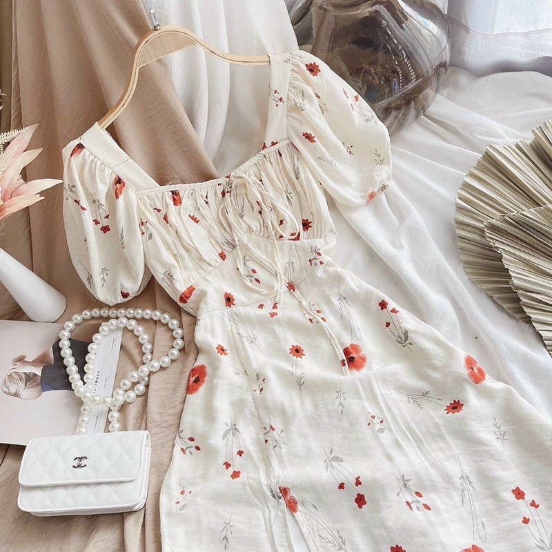Đầm hoa❤️Hình thật❤️Đầm hoa maxi nhún ngực tay phồng | BigBuy360 - bigbuy360.vn