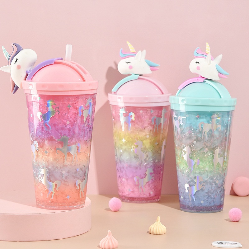 Bình Nước Nhựa Hai Lớp Có Ống Hút Họa Tiết Kỳ Lân Xinh Xắn