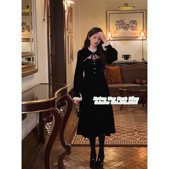 Váy nhung đen cổ tàu phối ren buộc dây Vintage - Xưởng May Hạnh Hồng | BigBuy360 - bigbuy360.vn