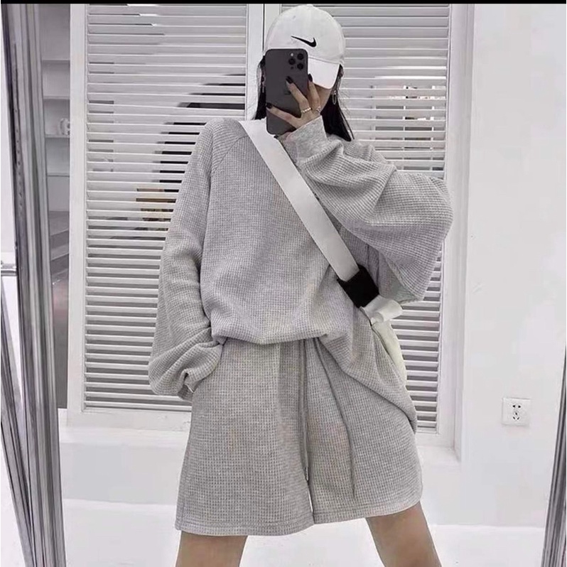 Bộ nỉ thể thao Basic xốp trơn [FREESHIP] Set đồ áo nỉ dài tay Sweater cổ tròn quần Short đùi Basic 3 màu
