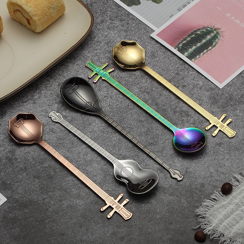 4 cái Thép không gỉ Phim hoạt hình Guitar Muỗng Khuấy Thanh mạ titan Sữa Cà phê Món tráng miệng Kẹo Teaspoon Phụ kiện Bộ muỗng