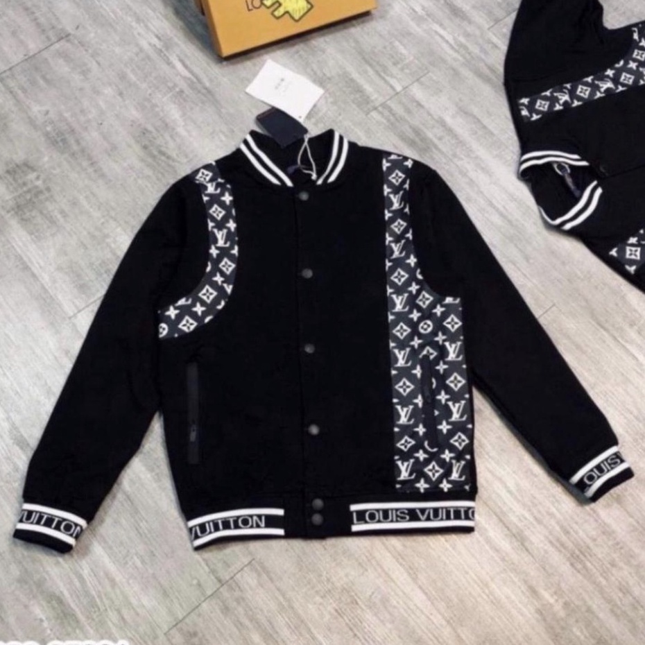 Áo Khoác Bomber LV Viền Phối Da Fom Dáng Unisex Chất Liệu Nỉ Bông Dày