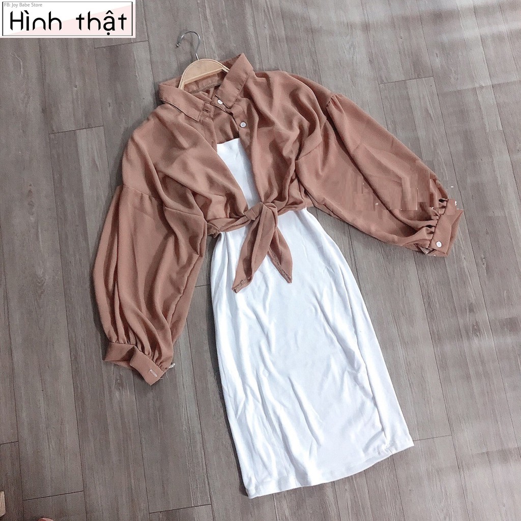 SET ĐẦM NỮ KÈM ÁO KHOÁC SƠ MI - THUN CO GIÃN ÔM BODY HAI DÂY BASIC TRƠN KIỂU HÀN QUỐC HOT GIRL ULZZANG 07