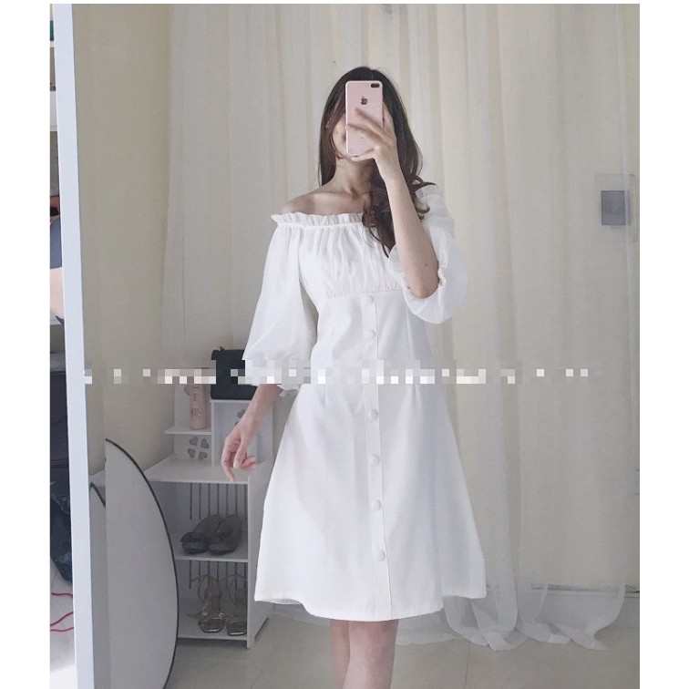 Váy trắng trễ vai thiết kế cúc bọc siêu xinh - Đầm trắng tiểu thư Hàn quốc (sẵn hàng) | BigBuy360 - bigbuy360.vn