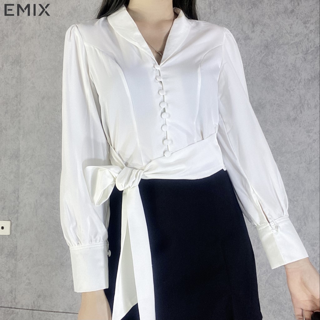 Áo croptop cúc bọc buộc nơ EMIX (màu trắng), dáng ngắn, cổ vest, dài tay, chất lụa mềm mại, không nhăn