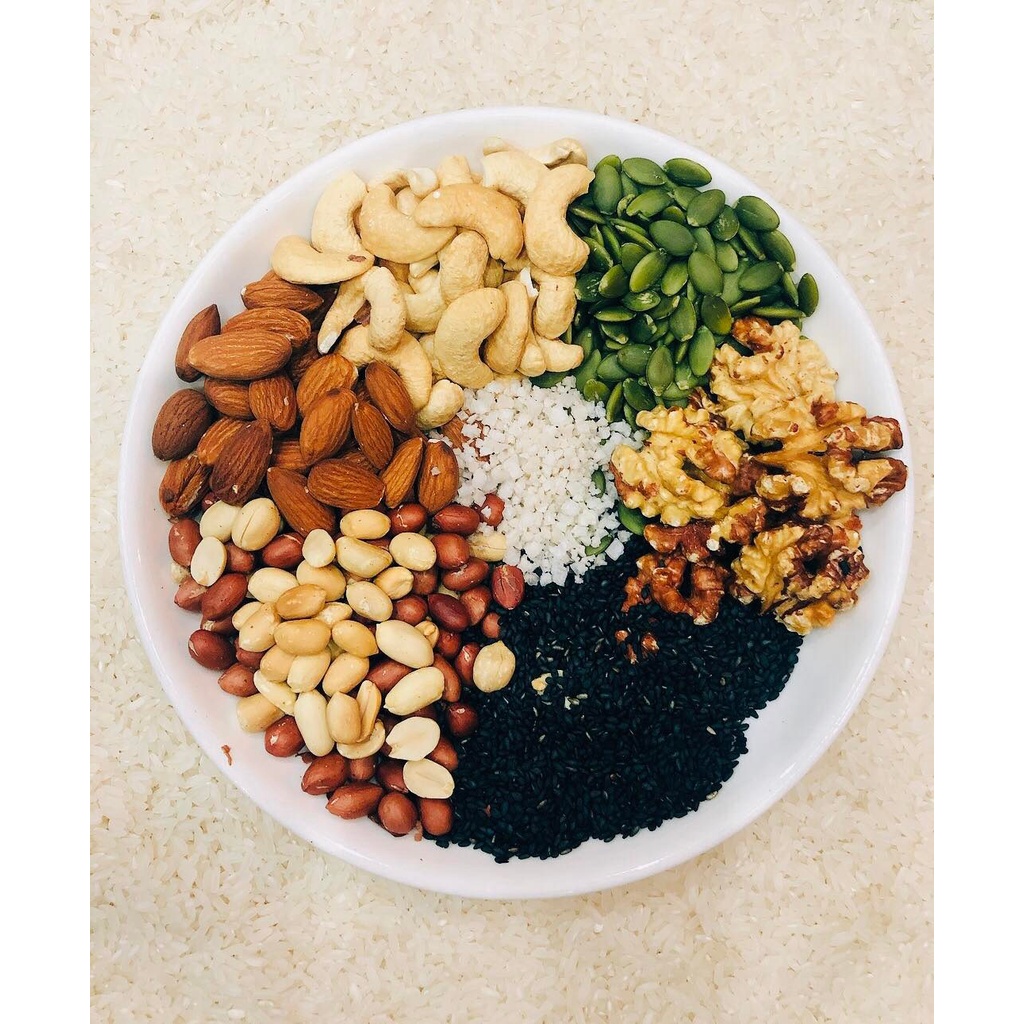 Muối vừng/ Muối lạc/ Hạt điều/ Óc chó/ Hạnh nhân/ Hạt bí phù hợp ăn chay/ giảm cân