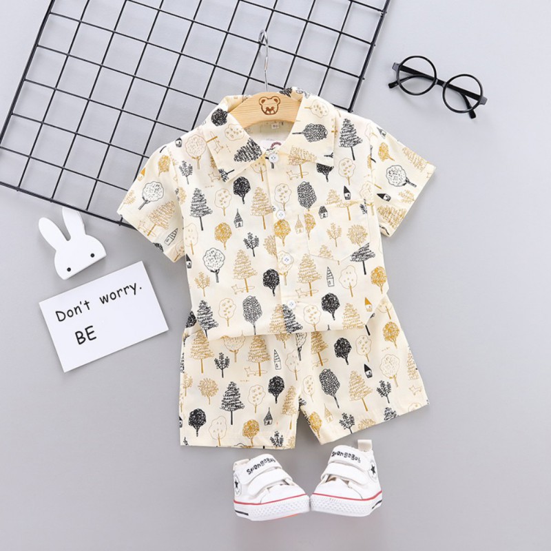 Set Áo Thun Ngắn Tay Cổ Tròn + Quần Short Lưng Thun Thời Trang Cho Bé Trai