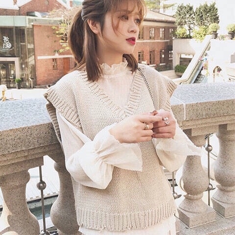 Áo Sweater Dệt Kim Không Tay Cổ Chữ V Phối Ren Xinh Xắn Theo Phong Cách Xuân Thu Hàn Quốc | BigBuy360 - bigbuy360.vn