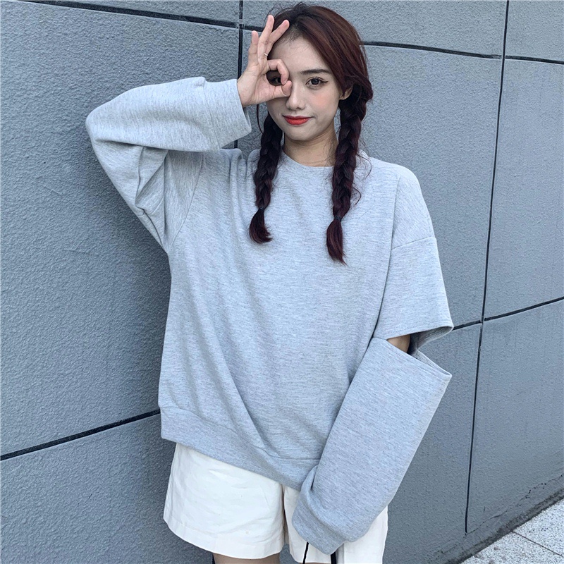SUXI Áo Sweater Tay Dài Cổ Tròn Dáng Rộng Thiết Kế Rách Thời Trang Xuân Thu Cho Nữ