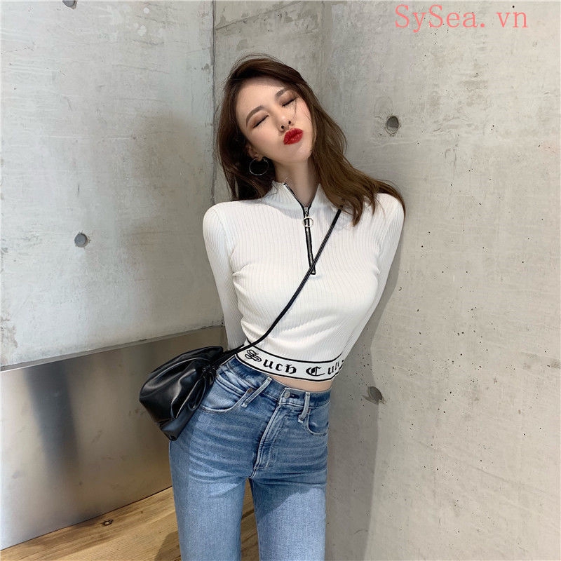 Áo Croptop Tay Dài Phối Khóa Kéo Thời Trang Cho Nữ