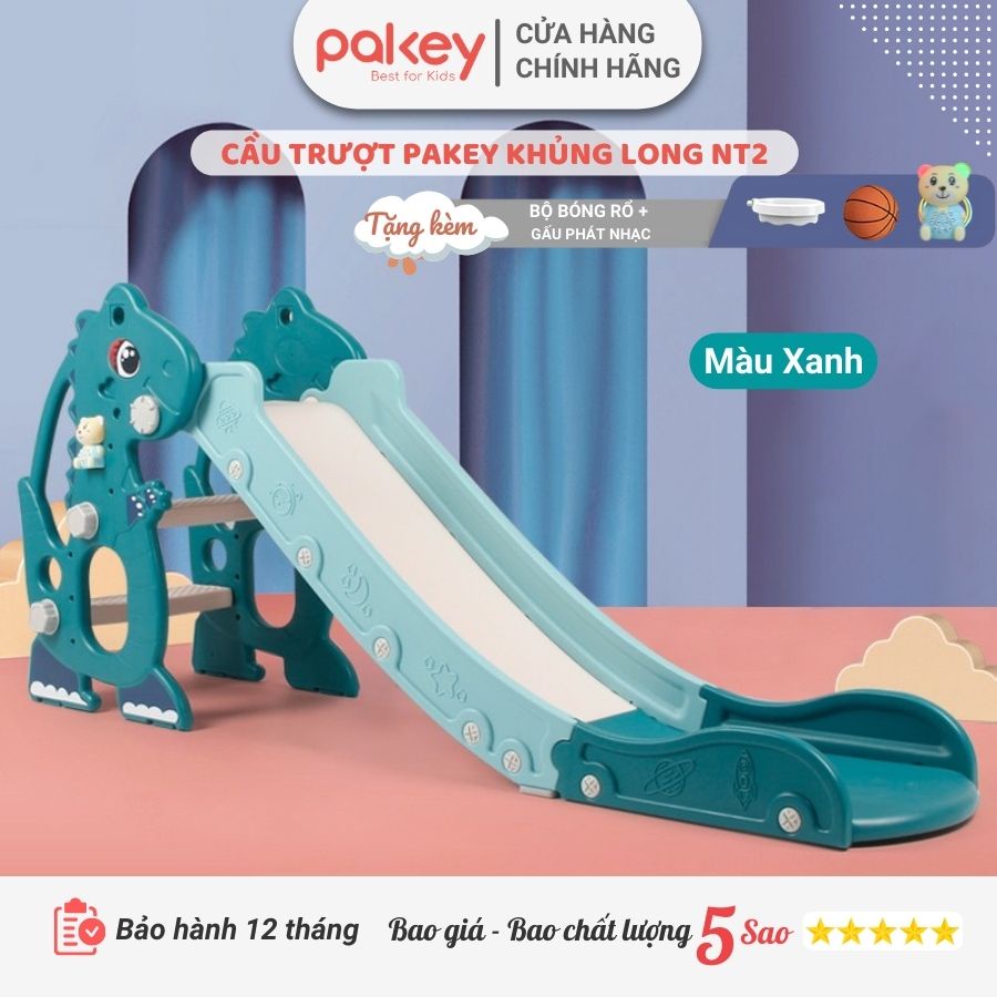 Cầu trượt cho bé Pakey Khủng Long NT2 TẶNG KÈM BÓNG RỔ mẫu mới thành cao đế tiếp đất an toàn cho bé