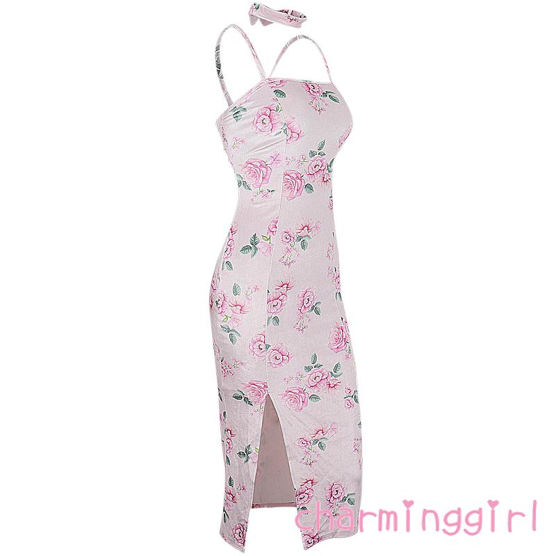 Đầm Hai Dây Dáng Ôm Xẻ Tà Hở Lưng In Họa Tiết Hoa Hồng Quyến Rũ Cho Nữ