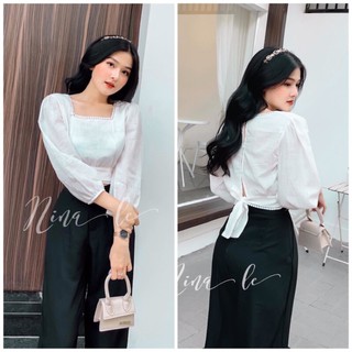áo croptop phối ren cổ Vuông nơ lưng quần ống rộng lưng cao trắng đen (ảnh thật)