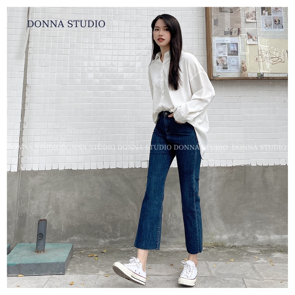Quần Bò Nữ Ống Đứng Xanh Đậm Cắt Gấu DONNA Quần Jean Tôn Dáng Chất Lượng Cao
