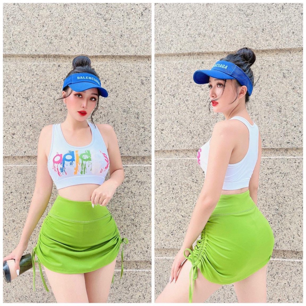 Đồ tập gym nữ Hot trend Áo Bra Das chảy Chân váy rút dây 2 bên co giãn thoáng mát tập gym, yoga, zumba, fitness