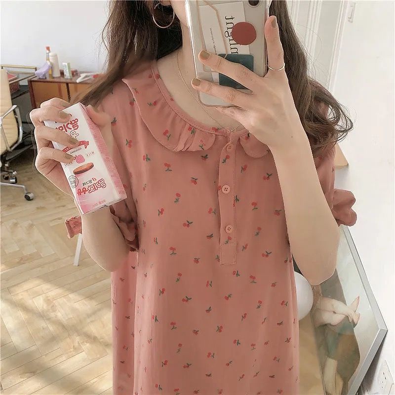 Korea sweet pajamas women summer net red cute princess style nightdress girls can wear home clothes outside long comfortable dress | BigBuy360 - bigbuy360.vn