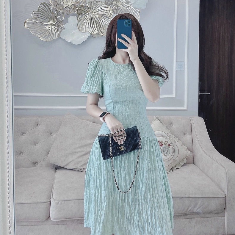 Đầm xanh ngọc pastel vải xốp tiểu thư hàng loại 1