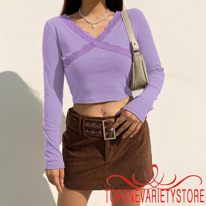 Áo Crop Top Nữ Dài Tay Cổ Tròn Sọc Ngang Thời Trang