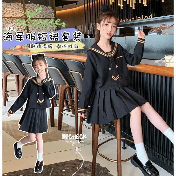 ❀Hàng giao ngay❀quần áo trẻ em Set Áo Thủy Thủ Dài Tay + Chân Váy Thời Trang Cho Bé Gái 3-14 Tuổi