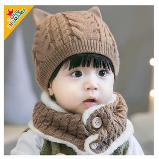 Combo mũ len kèm khăn quàng cổ 2 cúc cực đáng yêu cho bé