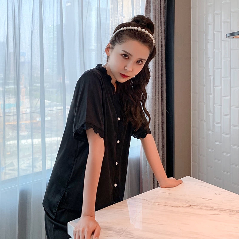 Bộ đồ ngủ ngắn tay phối ren quyến rũ thời trang cho nữ