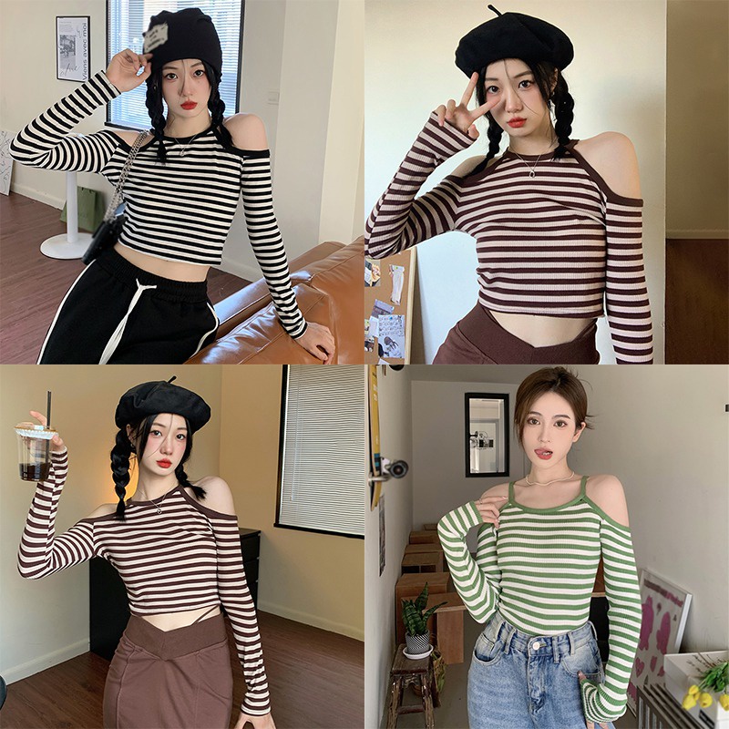 Áo Dệt Kim Nữ Trễ Vai Tay Dài Kẻ Sọc Thời Trang Hàn Quốc